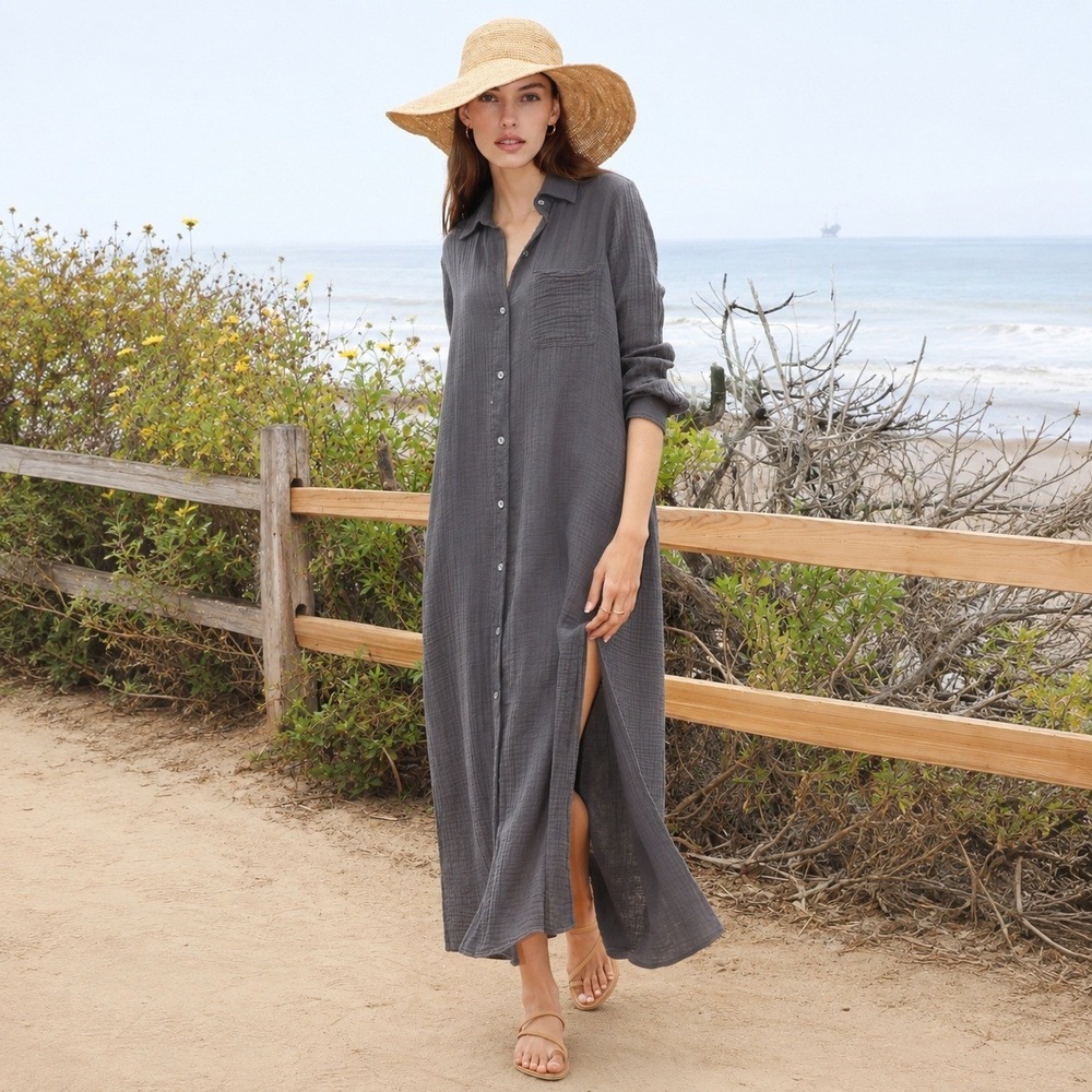 Felicite Gauze Boyfriend Maxi Shirt Dress‎ XS Gray Relaxed Minimalist Neutral